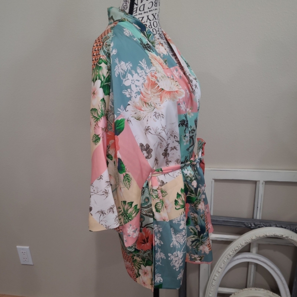 Zara‎ Women's SZ Sm. Satin Floral tie kimono jacket green orange Coral lined - Picture 4 of 10